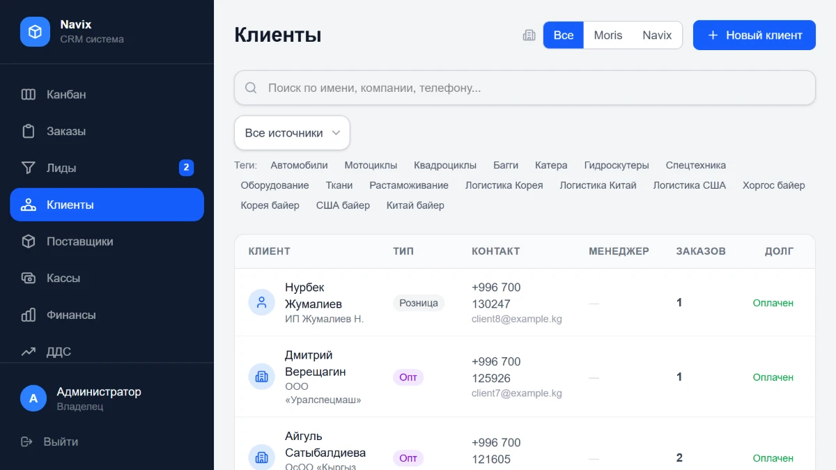 Клиенты: тип, контакты, число заказов и долг — в одной таблице